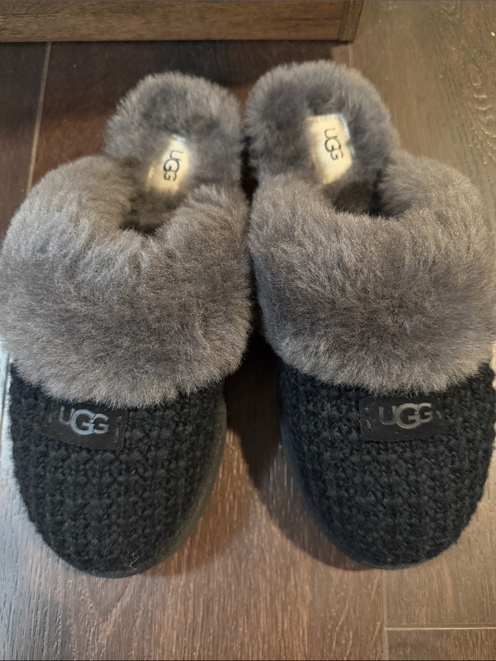 UGG Women’s Charcoal Gray and Black Fluff Knit Slippers